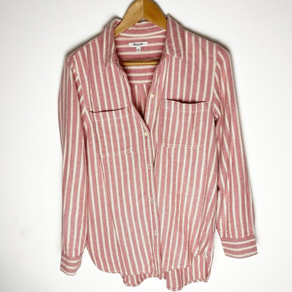 MADEWELL Flannel Button Up Pink‎ White Stripe Shirt Ex Boyfriend Size: Small​